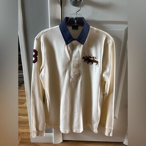 Ralph Lauren Cream Long Sleeve Polo with Navy Collar